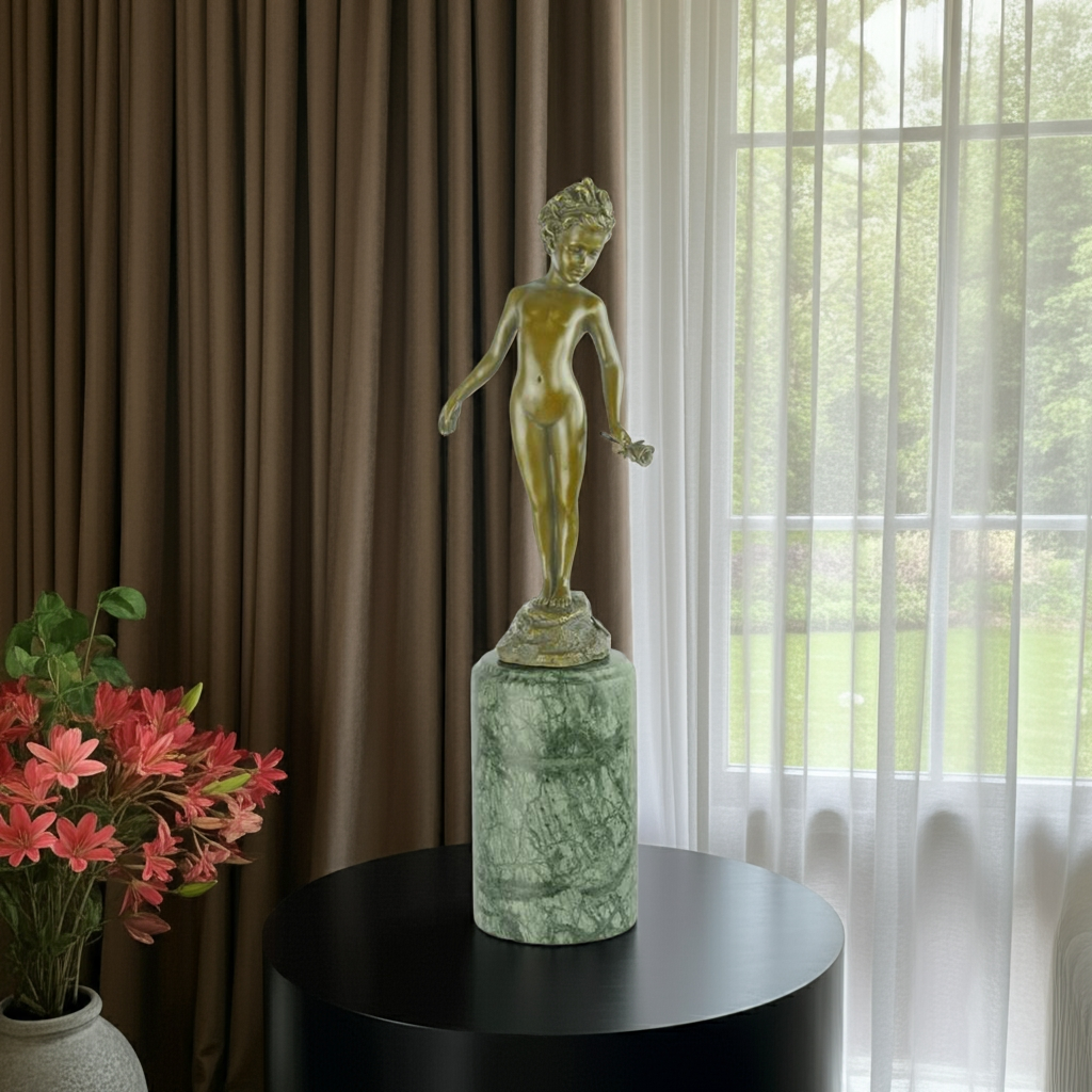 BRONZE-SKULPTUR MÄDCHEN MIT ROSE