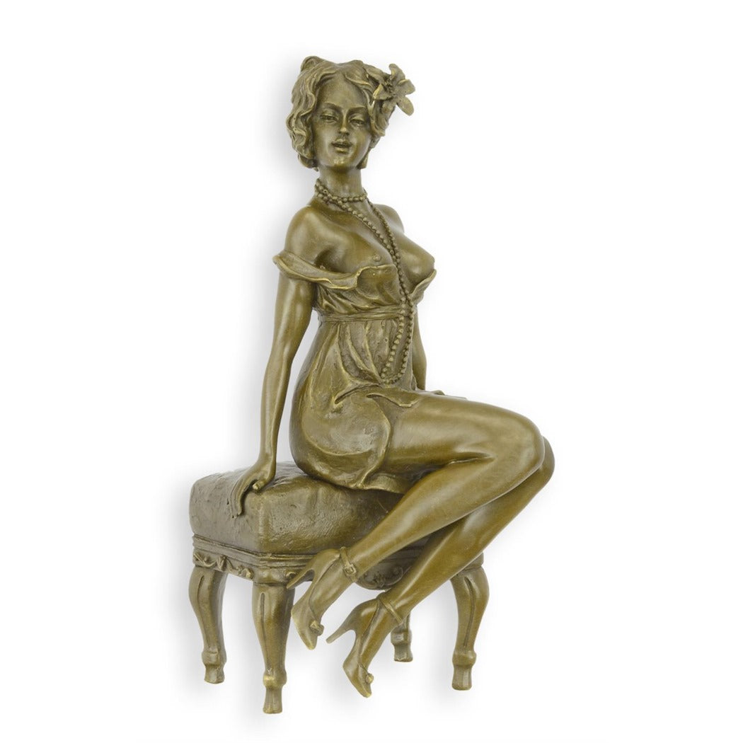 EROTIC BRONZE SCULPTURE OF A SEMI NUDE FEMALE ON CHAIR