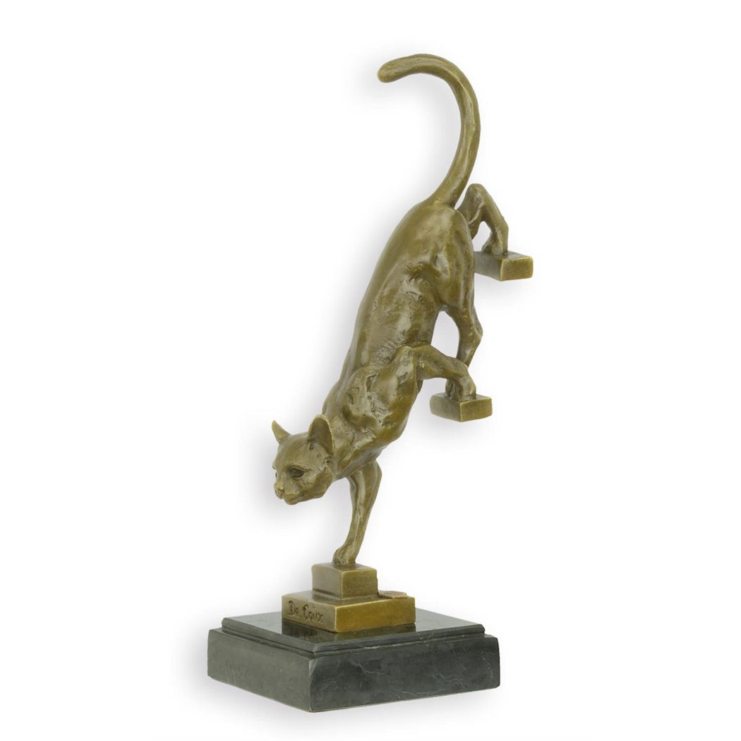 BRONZE SCULPTURE OF A CAT DESCENDING THE STAIRS