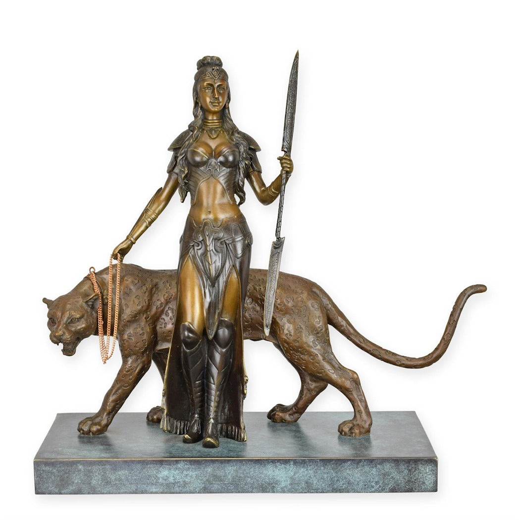 BRONZESKULPTUR EINER FRAU MIT EINEM TIGER