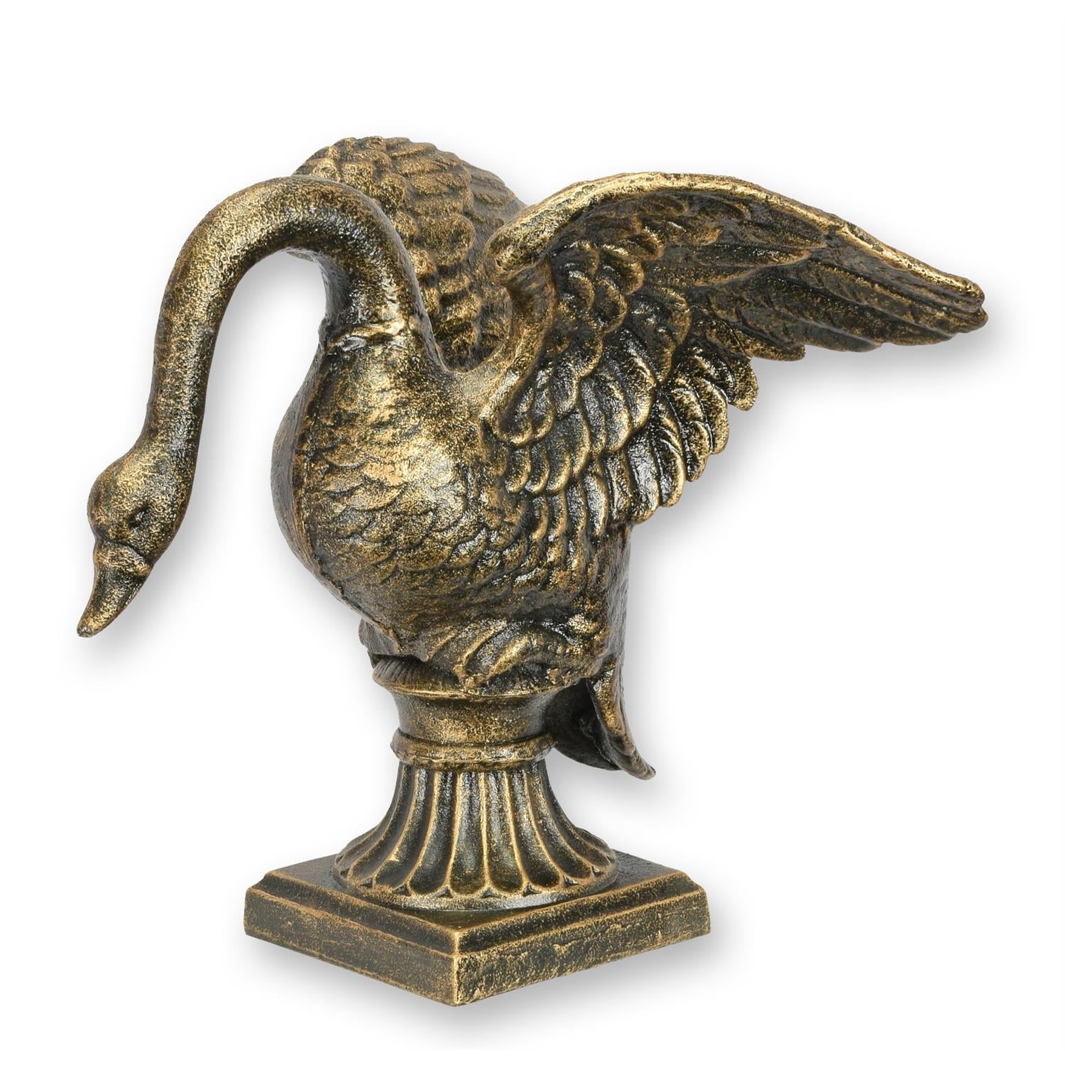 Gusseisenfigur eines Schwans auf einem Sockel – Bronze-Finish