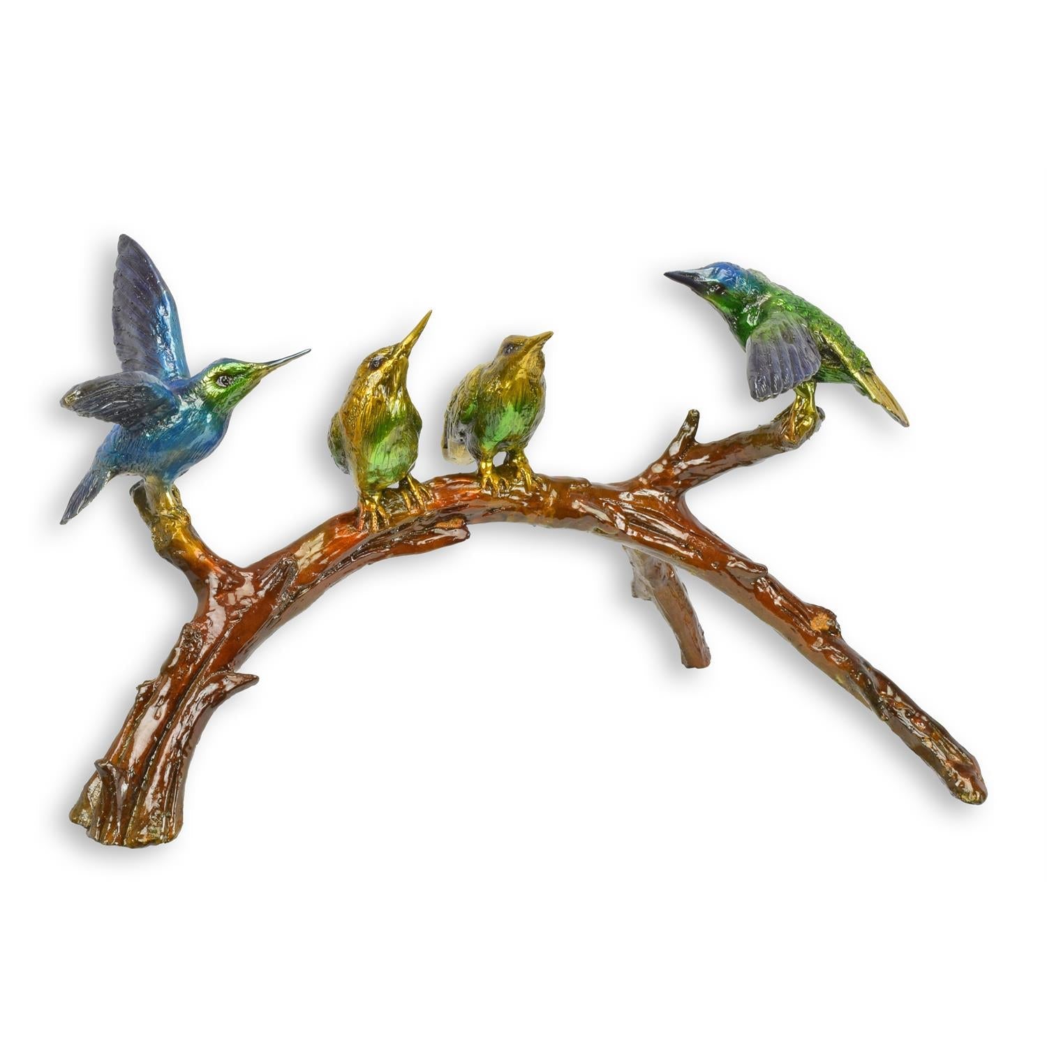 Bronzeskulptur von vier Kolibris auf einem Ast