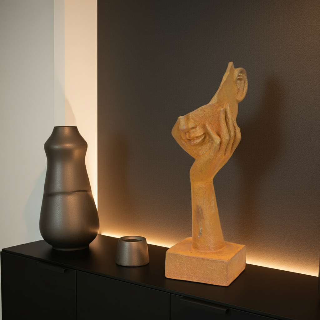 Rostige Gusseisenfigur eines Gesichts auf der Hand